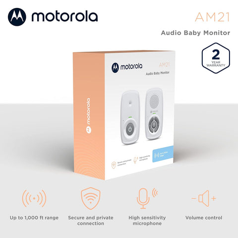 Motorola Nursery Audio Baby Monitor, No WiFi, Long Range 1000 ft, Volume Control, DECT Private Connection, Cry Detection, Portable Battery Parent Unit, Ideal for Safe Monitoring, No App, AM21