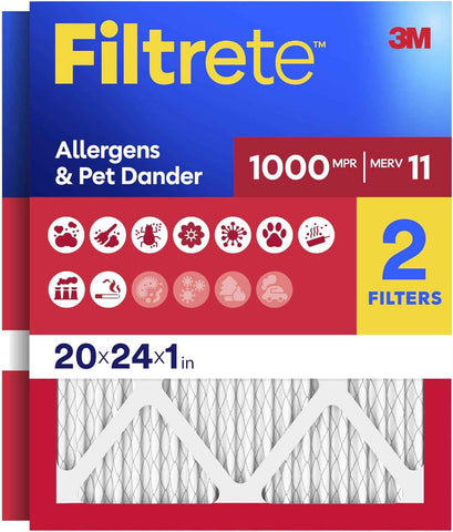 Filtrete 20x24x1 Air Filter, MERV 11, MPR 1000, Allergens & Pet Dander, 3-Month AC and Furnace Filters, Cleaner Air, Reliable Airflow, 2 HVAC Filters (Actual Size 19.68 x 23.68 x 0.81 in)