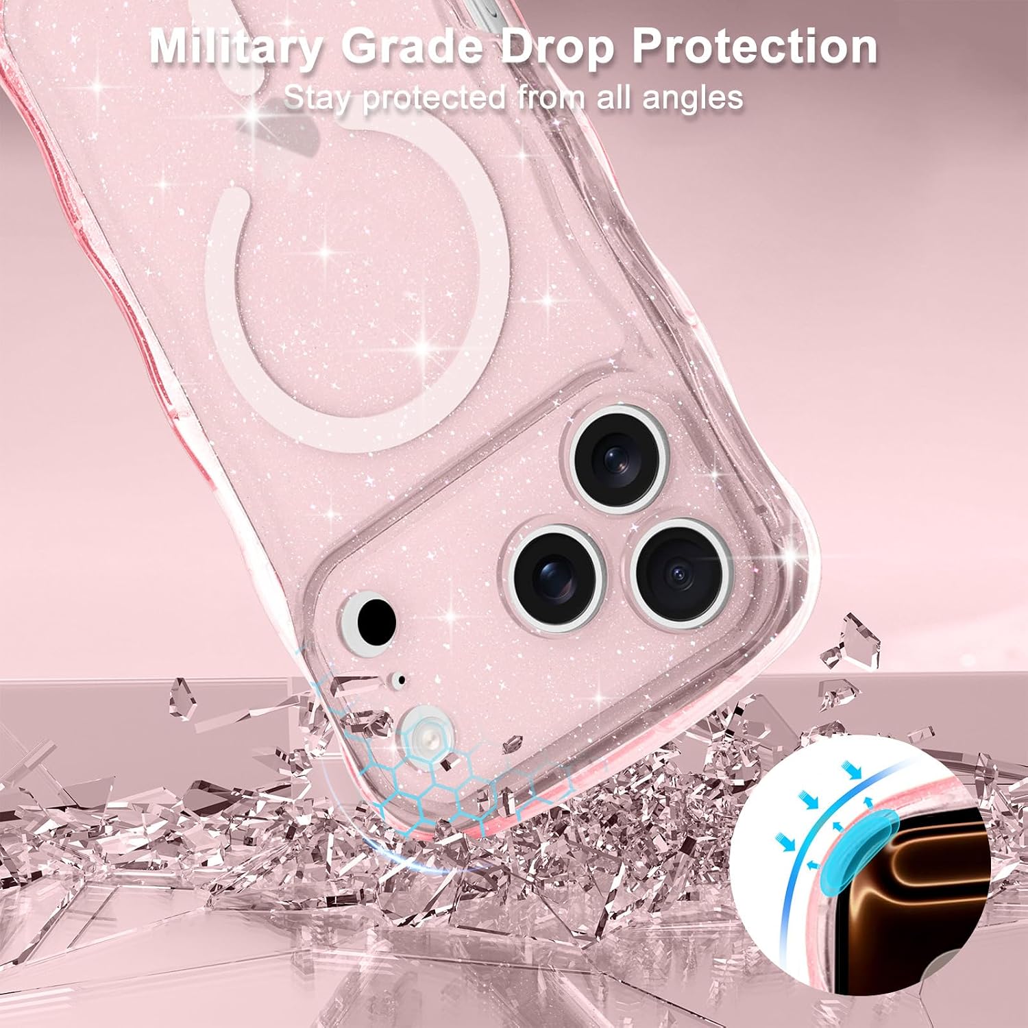 Pepmune Magnetic for iPhone 17 Pro Max Case Clear Glitter, Pink