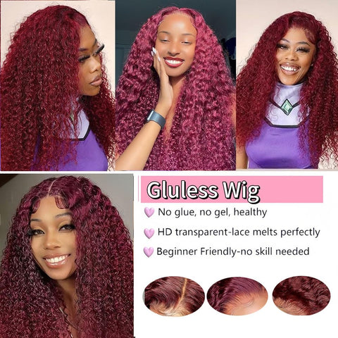 99j Burgundy Deep Wave Lace Front Wigs Glueless Wigs Human Hair Pre Plucked Pre Cut 5X5 HD Lace Closure Human Hair Curly 180% Density Lace Front Wigs for Black Women 22 Inch