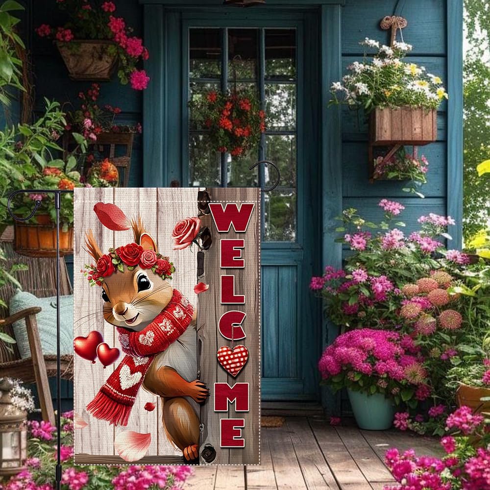 Valentine’s Day Garden Flag 12x18inch Double Sided The Squirrel Red Love Heart Rose Valentine’s Garden Flags For Home Outdoor Yard Patio Lawn Decor,Welcome Valentine Garden Outside Decorations Banner