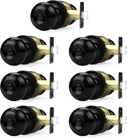 Probrico Black Door Knob 7 Pack, Interior Bedroom Doorknob with Lock, Keyless Door Handles with Inside Privacy Locking Function, Colonial Ball Knob, Universible Levers