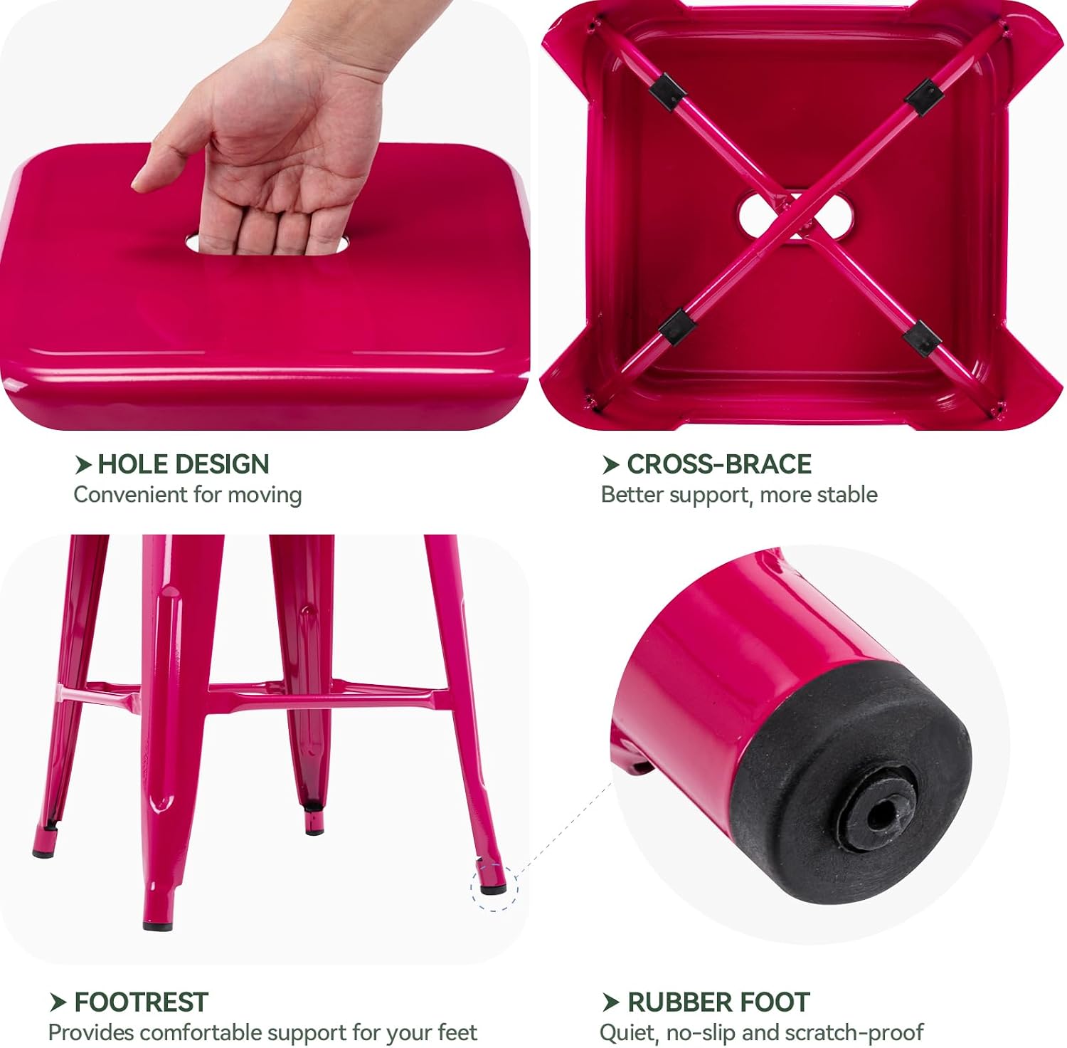 24 Inch Metal Bar Stools Set of 2, Stackable for Indoor Outdoor, Hot Pink
