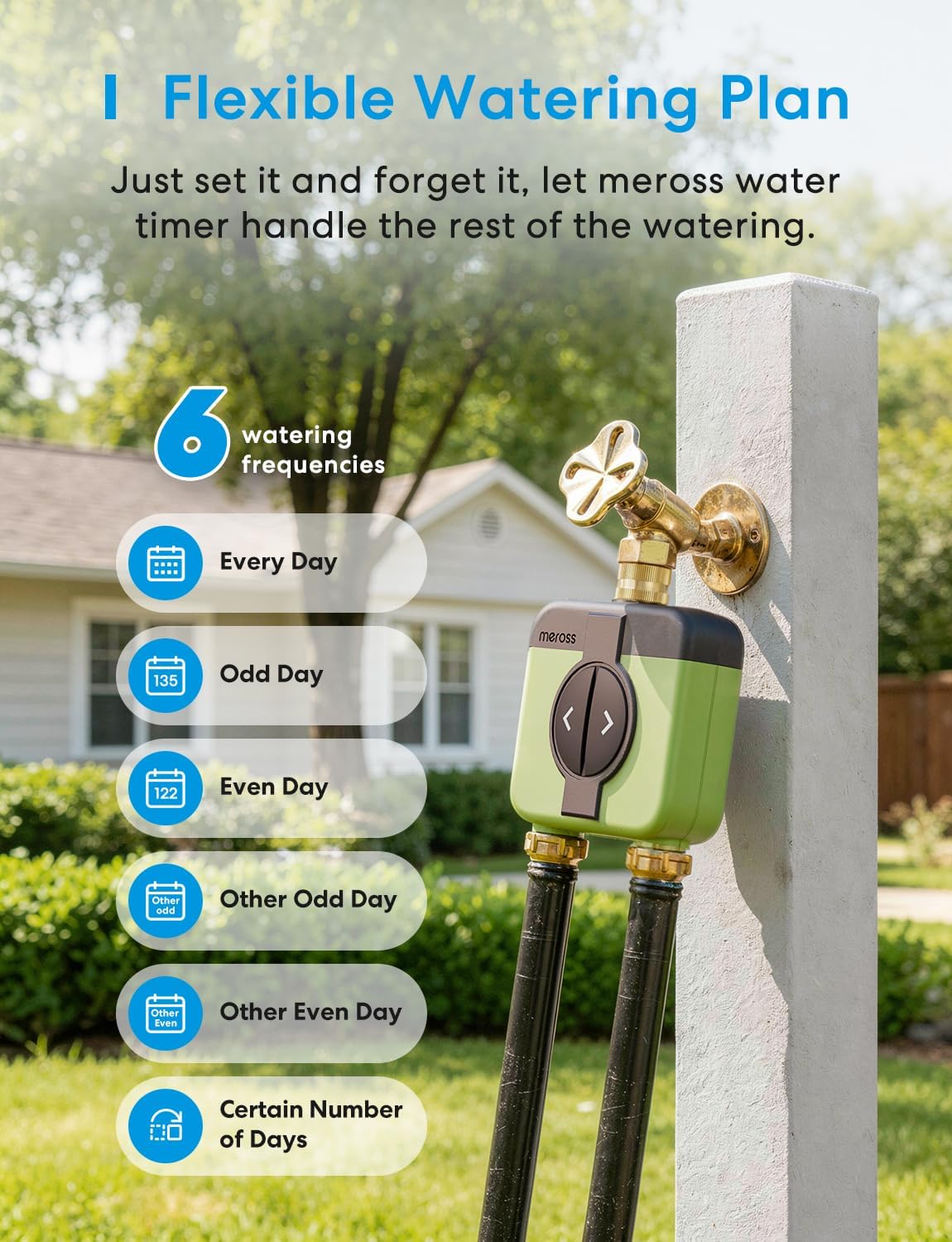 meross WiFi Water Timer for Garden Hose, Rain Skip, Remote Control, IP65