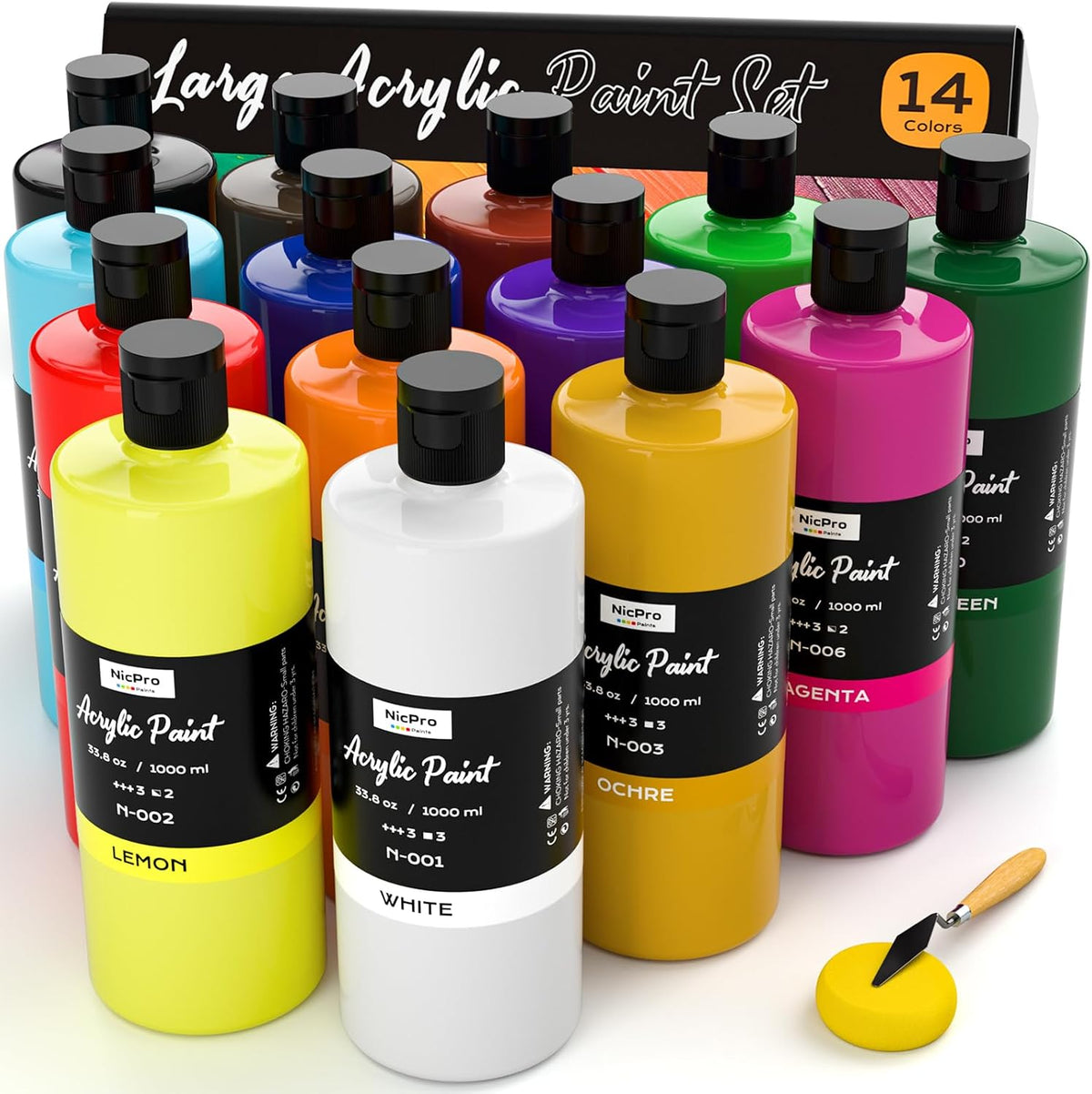 Nicpro 14 Colors Large Bulk Acrylic Paint Set (33.8 oz, 1000 ml) Rich Art Painting Supplies, Non Toxic for Multi Surface Rock Canvas Wood Ceramic Leather Fabric Craft for Adult with Color Wheel