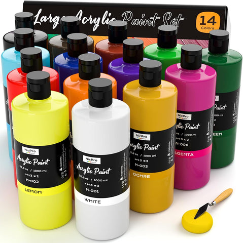 Nicpro 14 Colors Large Bulk Acrylic Paint Set (33.8 oz, 1000 ml) Rich Art Painting Supplies, Non Toxic for Multi Surface Rock Canvas Wood Ceramic Leather Fabric Craft for Adult with Color Wheel