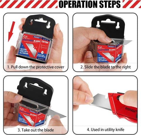 DIYSELF 50 Pack Utility Knife Blades, SK5 Steel Box Cutter Blades with Dispenser, Standard Blades for Box Cutter Utility Knife Replacement, Sharper Utility Blade, Refills