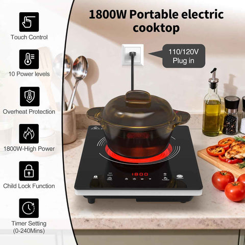 VBGK Single Burner Electric Cooktop,110V 1800W Electric Stove Top with LED Touch Control,10 Power Levels, 4HTimer, Safety Lock, portable cooktop Overheat protection
