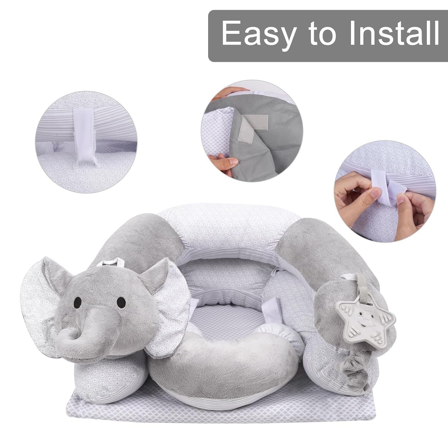 Lovvie & Joy 2-in-1 Tummy Time Mat & Seated Support Pillow,Baby Tummy Time Pillow Support for Newborns and Older Babies,with Detachable Support Pillow and Toys Elephant