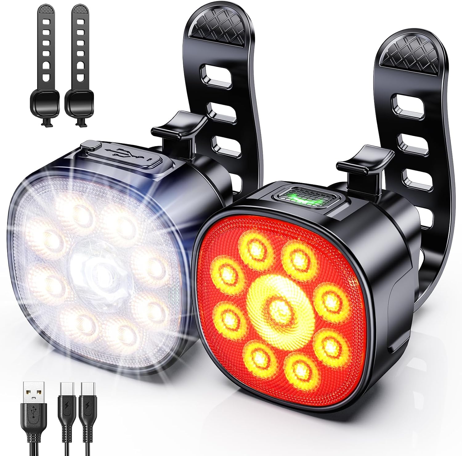 Cuvccn Bike Lights Super Bright, Rechargeable Bicycle Lights Set Multiple Modes, Waterproof Bike Lights for Night Riding/Cycling Safety, Front and Back Bike Reflectors Light, Long Battery Life
