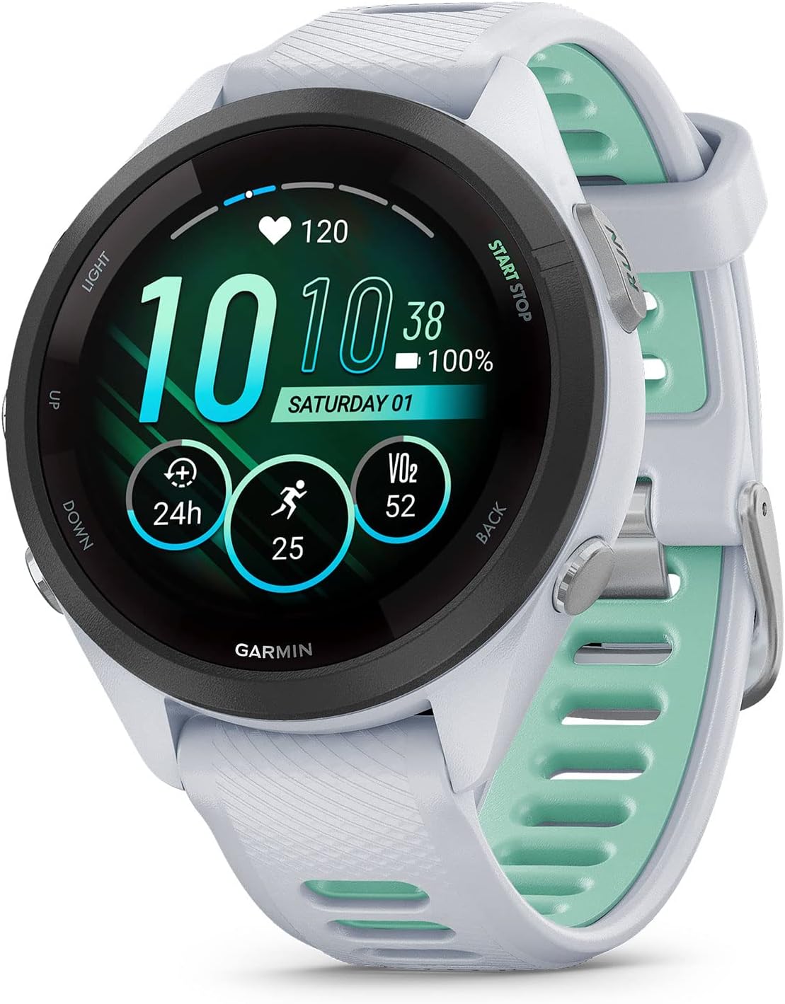 Garmin Forerunner® 265S, Running Smartwatch, 42mm, Whitestone/Neo Tropic