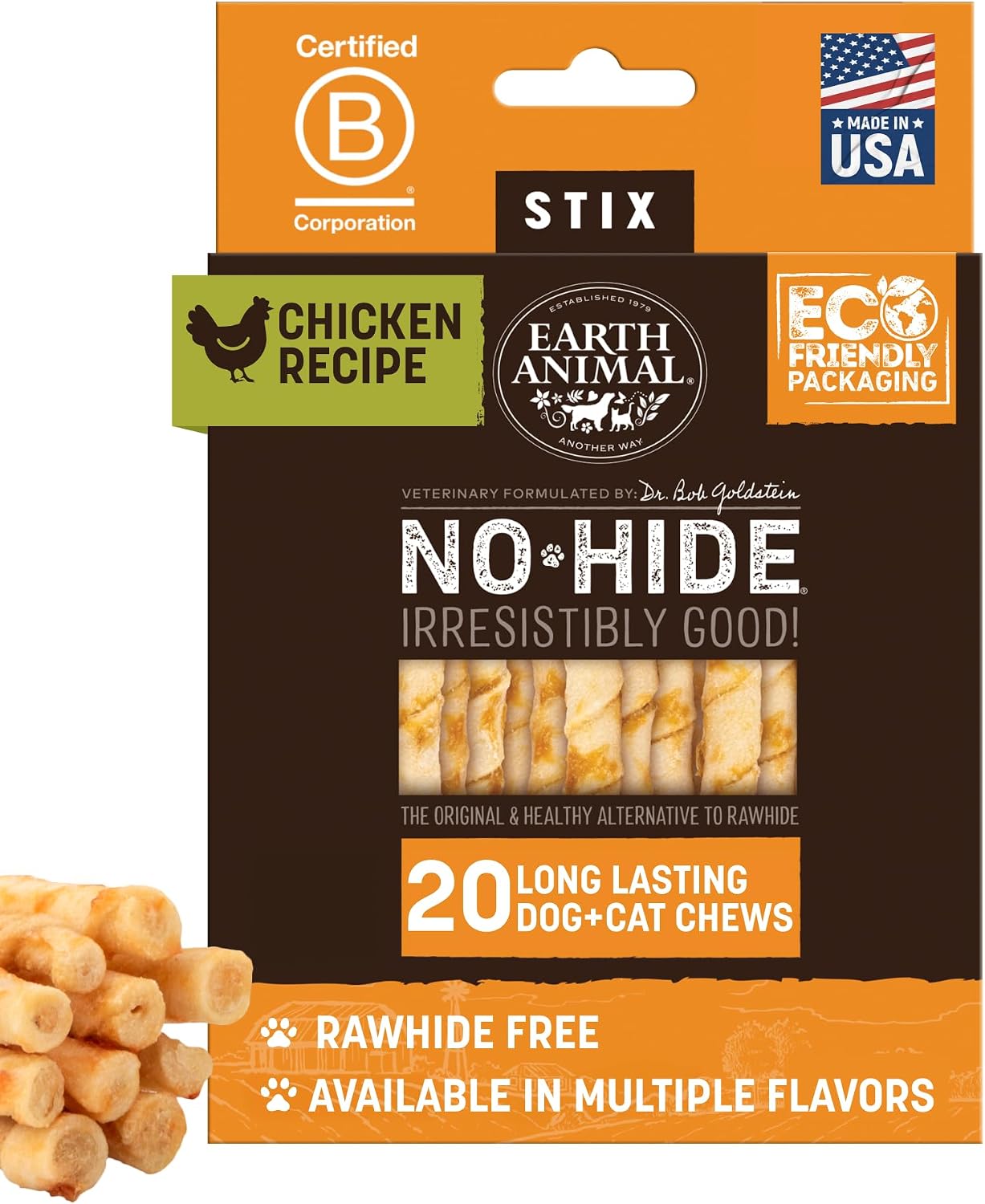 Earth Animal No Hide Stix - Rawhide Free Dog Chews Sticks 20 Count Chicken