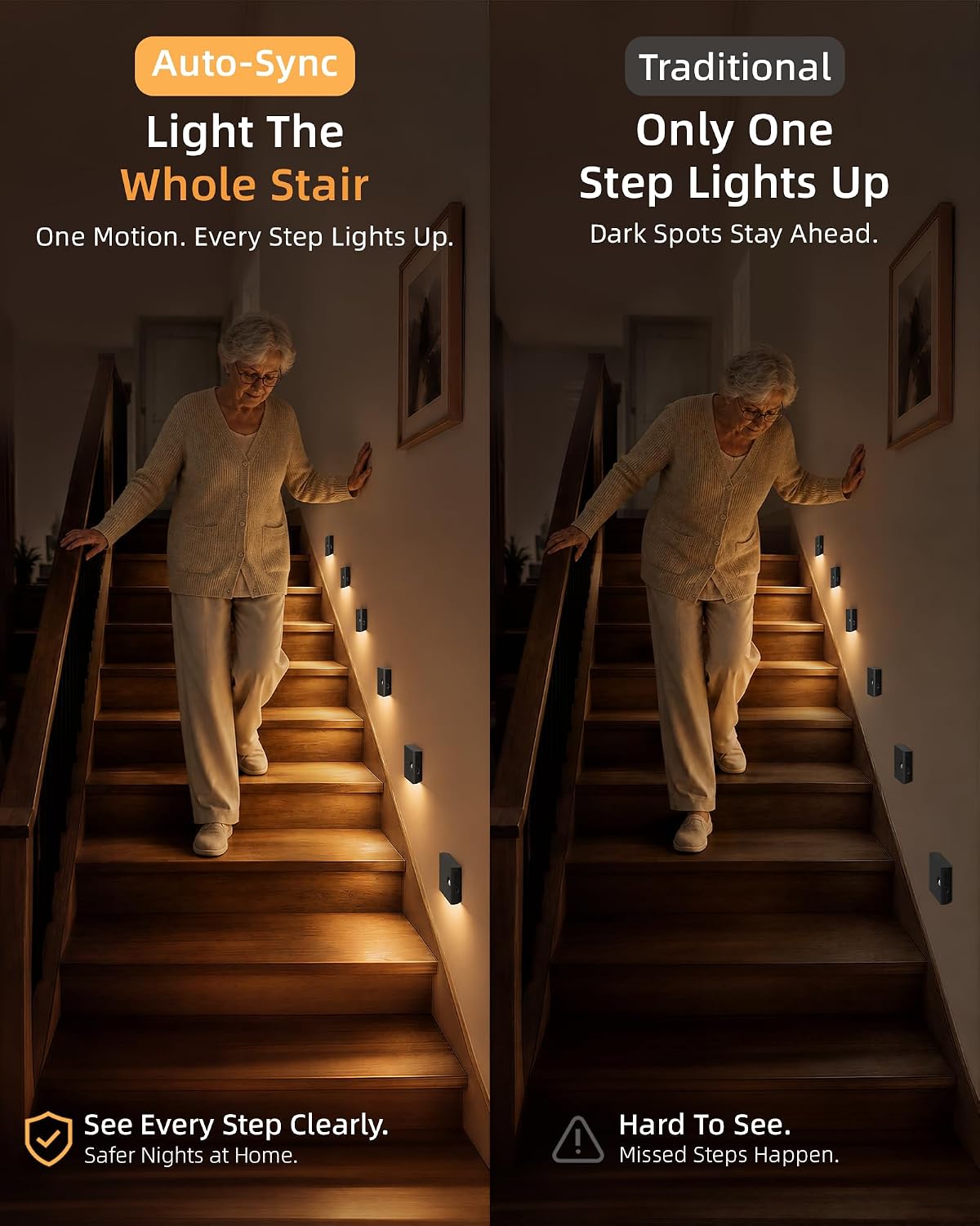 EZVALO 6 Pack Motion Sensor Night Lights with Charging Station, Sync LED Stair Lights Indoor, 1500mAh Rechargeable, Magnetic & Dimmable, 3000K Soft White, Portable Nightlight for Hallway (Black)
