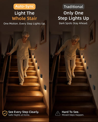 EZVALO 6 Pack Motion Sensor Night Lights with Charging Station, Sync LED Stair Lights Indoor, 1500mAh Rechargeable, Magnetic & Dimmable, 3000K Soft White, Portable Nightlight for Hallway (Black)