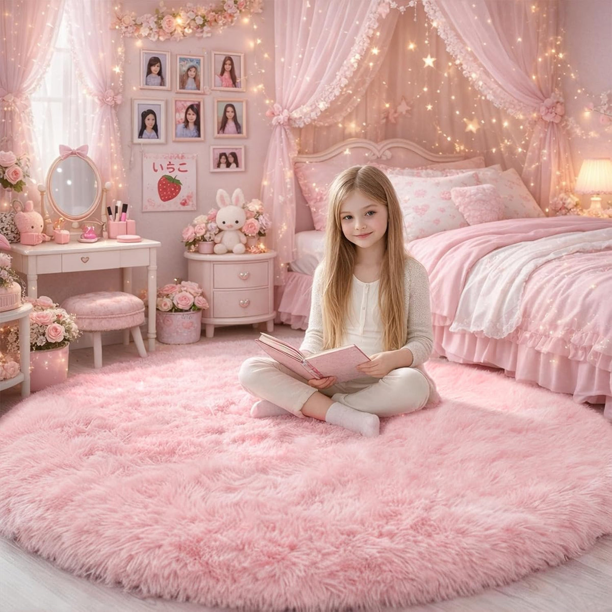 Amdrebio Pink Big Fuzzy Furry Circle Rug 8Ft for Living Room Girls Bedroom