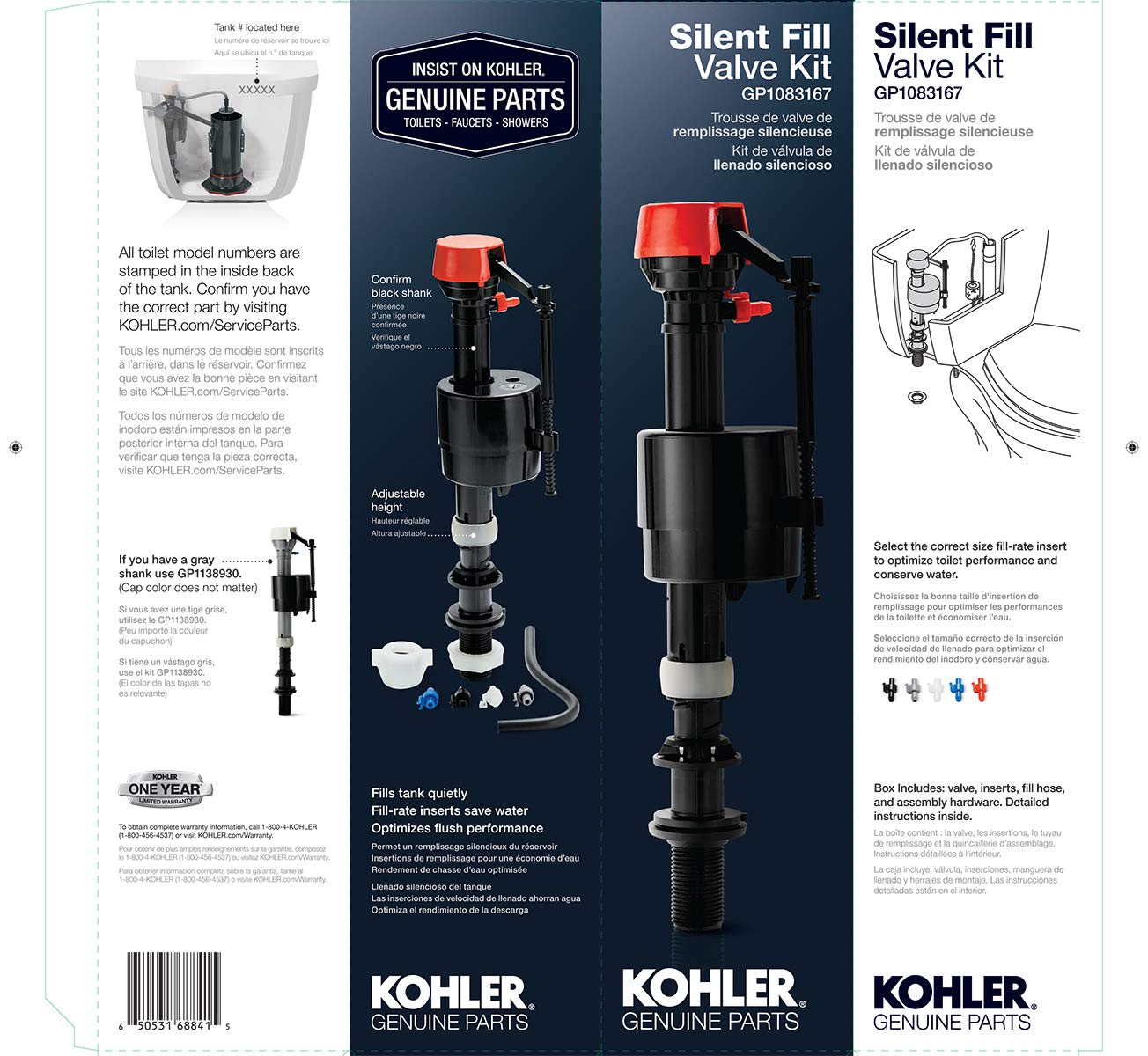 Kohler Genuine Part Gp1083167 Silent Fill Valve Kit For All Kohler Class Five Toilets,12.5" x 3.5" x 3", Black