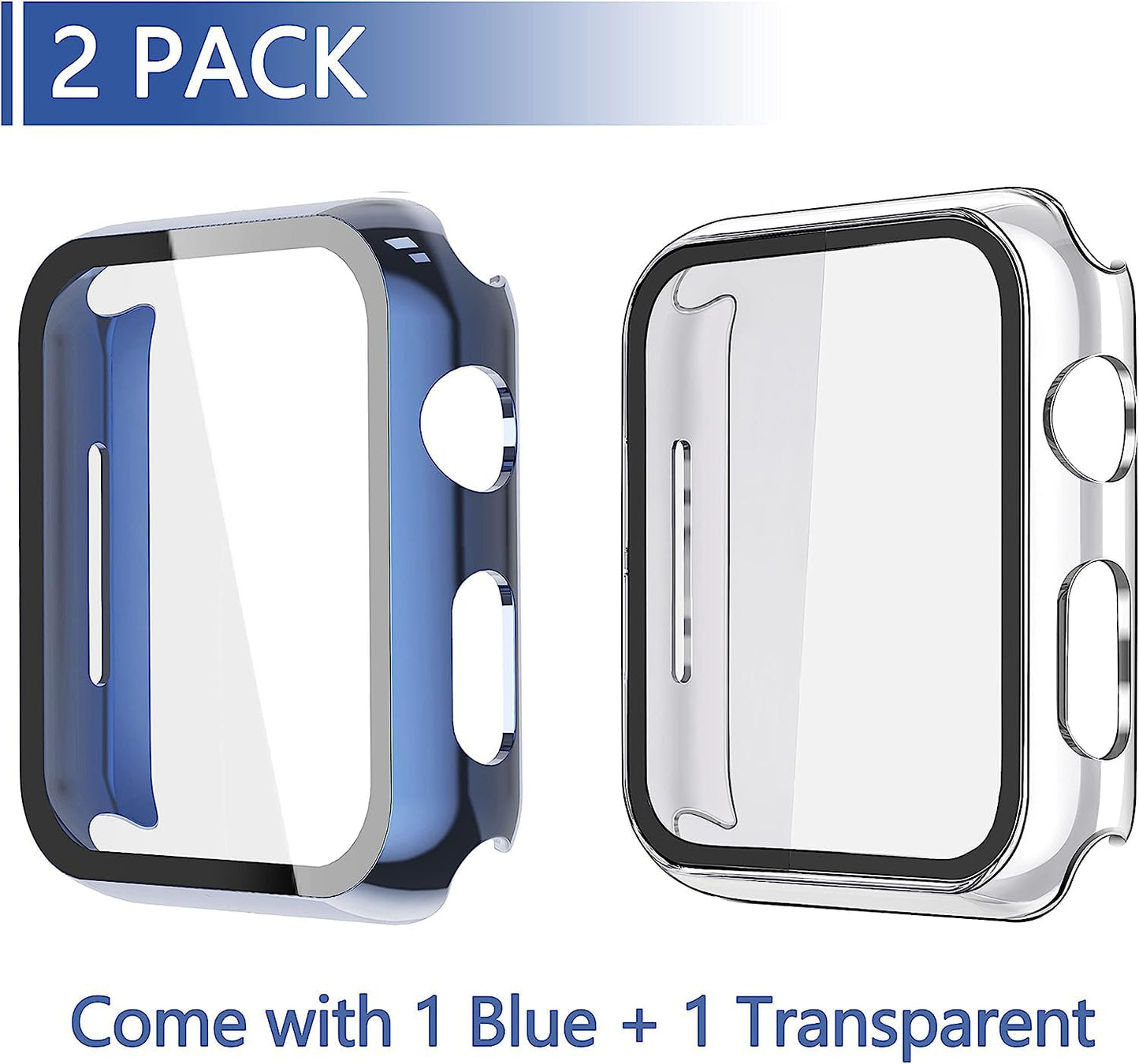 Misxi 2 Pack Hard PC Case with Tempered Glass Screen Protector Compatible with Apple Watch Series 6 SE Series 5 Series 4 40mm, 1 Blue + 1 Transparent