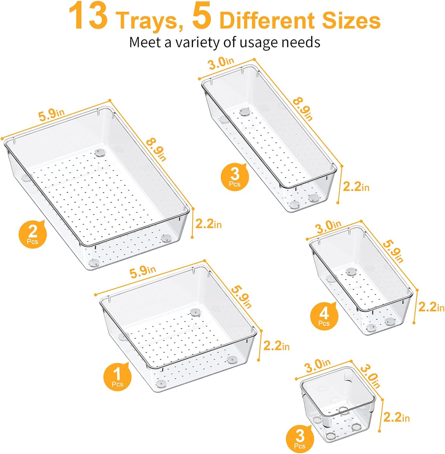 SMARTAKE 13-Piece Drawer Organizers with Non-Slip Silicone Pads, 5-Size