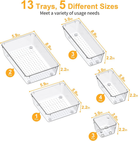 SMARTAKE 13-Piece Drawer Organizers with Non-Slip Silicone Pads, 5-Size