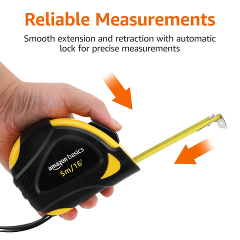 Amazon Basics Self-Locking Tape Measure with Belt Clip, 16-Feet (5-Meters), Inch/Metric Scale, MID Accuracy, Black, Yellow