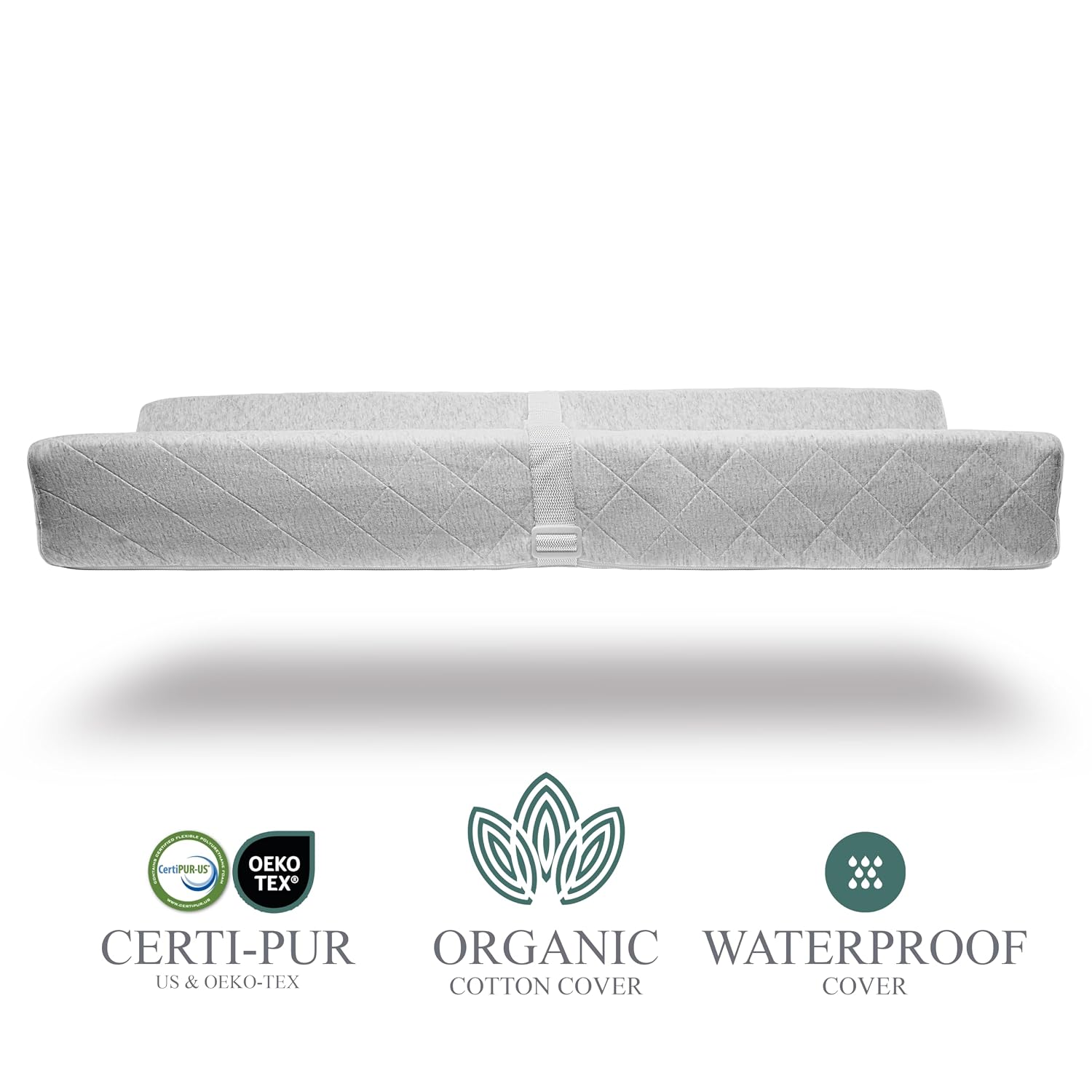 Organic Cotton Covered Contoured Baby Changing Pad | Waterproof Foam Mattress, Soft, Removable & Washable Cover, Safety Strap, Non-Slip Bottom, Topper for Standard Size Infant Diaper Table & Dresser