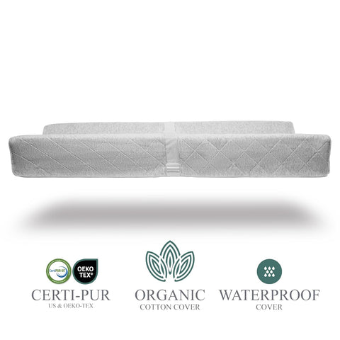 Organic Cotton Covered Contoured Baby Changing Pad | Waterproof Foam Mattress, Soft, Removable & Washable Cover, Safety Strap, Non-Slip Bottom, Topper for Standard Size Infant Diaper Table & Dresser