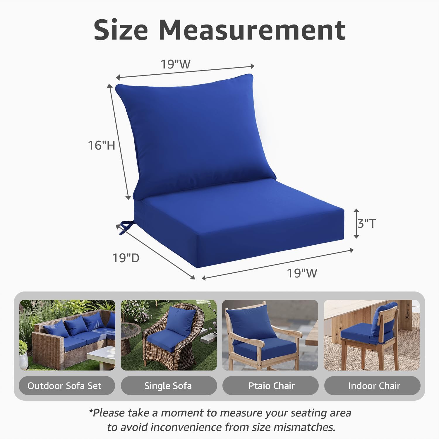 PatioGlow Outdoor Seat Cushion Set 19 x 19 x 3 Inch, Waterproof & Fade Resistant Patio Furniture Cushions with Removable Cover and Ties, Thick Deep Seating Pads for Outside Chair Sofa Couch, Blue