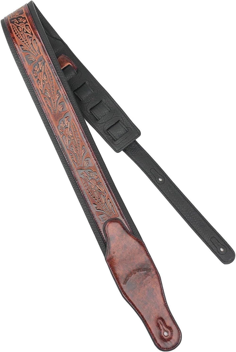 Walker & Williams GB-101 Bourbon Brown Handmade Padded Leather Strap Classic Live Oak Pattern For Acoustic, Electric, And Bass Guitars