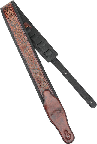 Walker & Williams GB-101 Bourbon Brown Handmade Padded Leather Strap Classic Live Oak Pattern For Acoustic, Electric, And Bass Guitars