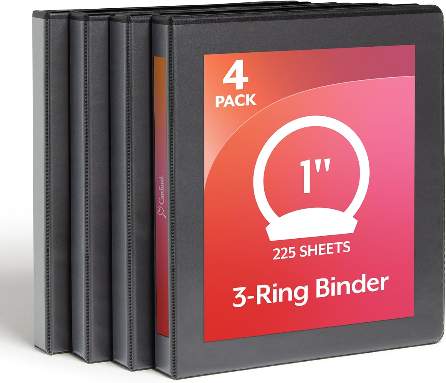 Cardinal Economy 3 Ring Binder, 1 Inch, Presentation View, Black, Holds 225 Sheets, Nonstick, PVC Free, 4 Pack of Binders (79512)