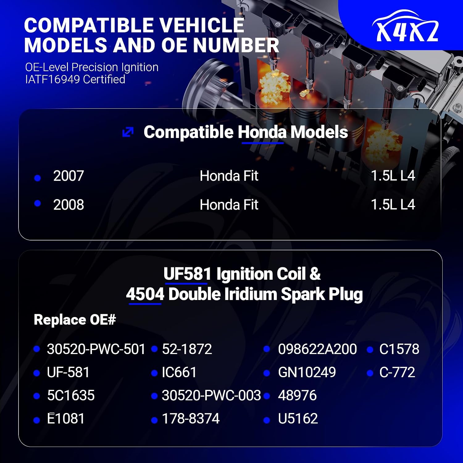 X4XZ UF581 Ignition Coil & 4504 Double Iridium Spark Plug Replaces# C1578