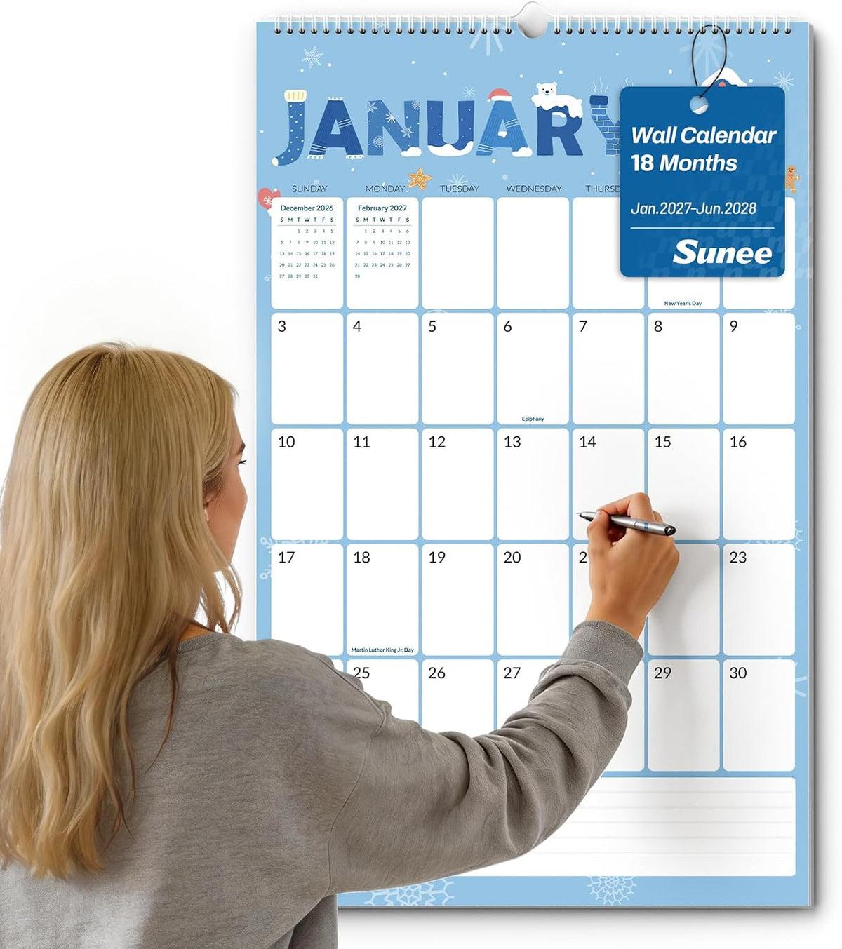 SUNEE 2027 Wall Calendar Extra Large 17"x27", 18 Month January Calendar (Ends March 2028),Vertical Monthly for Wall, Cute