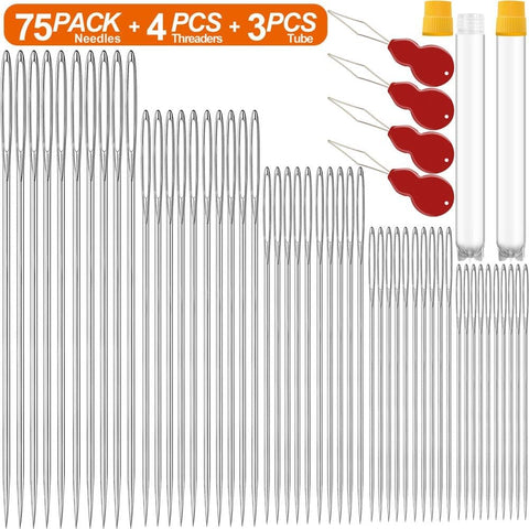 75 Pack Premium Large Eye Needles for Hand Sewing with 4 Needle Threaders, Assorted Sizes, Embroidery Needles for Hand Sewing, Sewing Needles Large Eye, Big Eye Needle