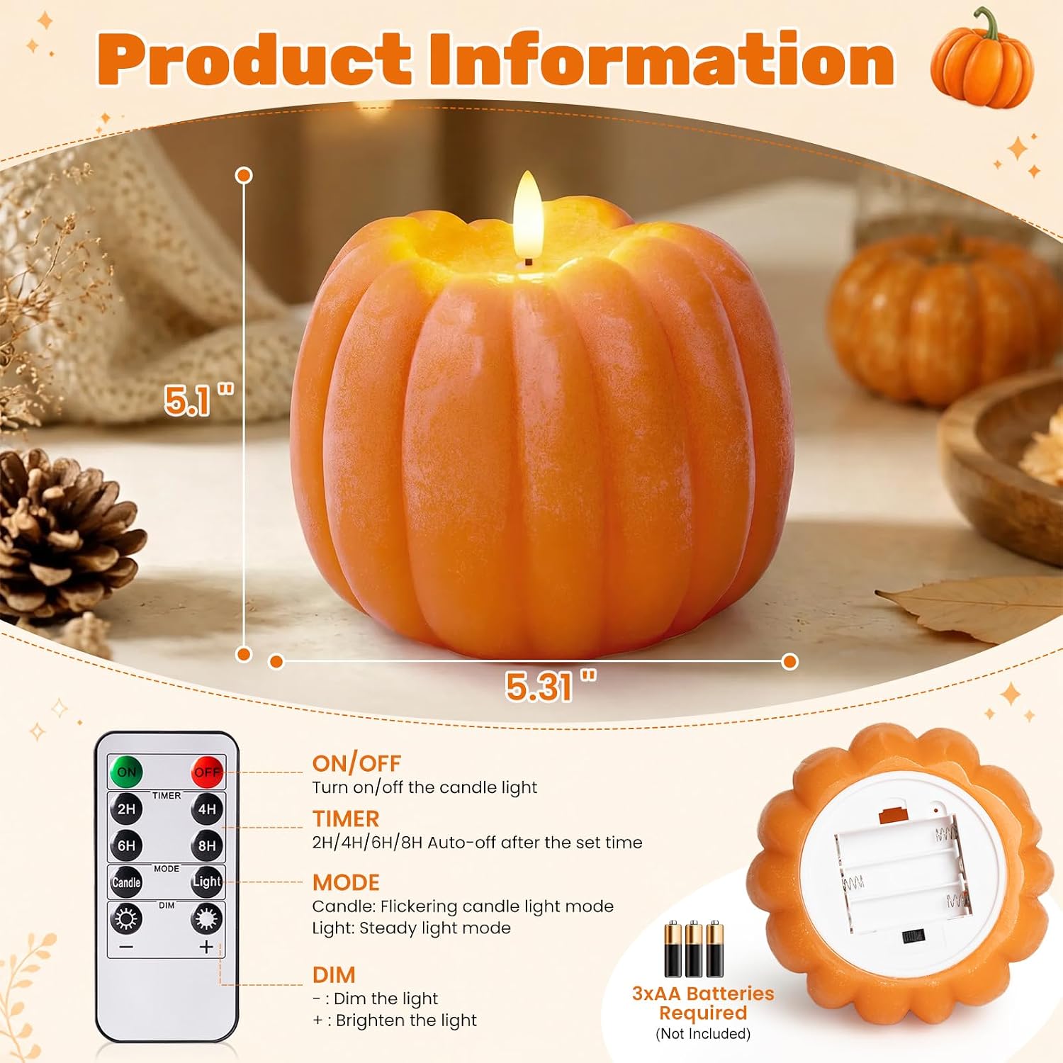 Fall Decorations for Home, Large Flameless Pumpkin Candle, Orange