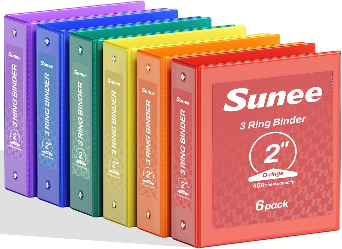 SUNEE 2 Inch Binders 3 Ring 6 Pack, Clear View Three Ring 2" Binders PVC-Free (Fit 8.5x11 Inches) for School or Office Supplies, Classic 6 Colors