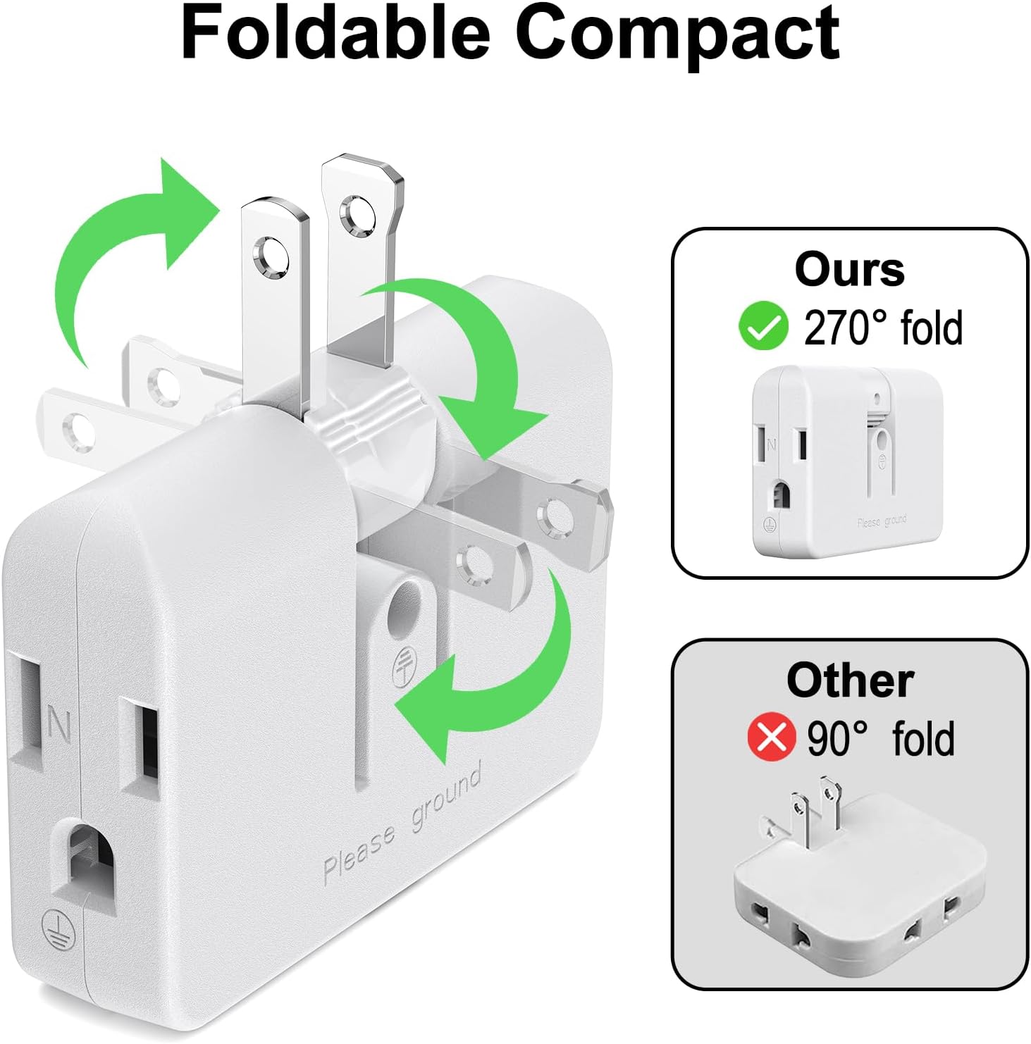 ETwinCoo 2-Prong/3-Prong Swivel Adapter, Polarized Grounding Converter with Flat Wall Plug, Fireproof 3-Outlet for Home Use (2 Pack)