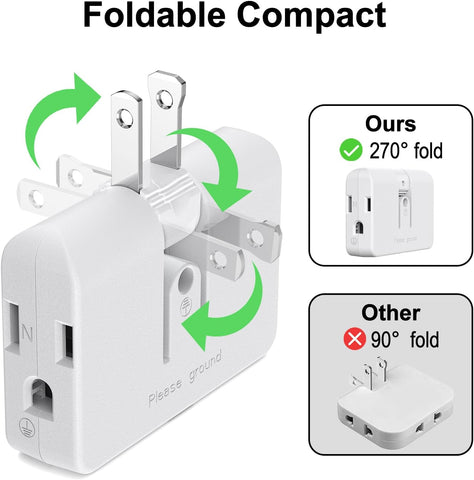 ETwinCoo 2-Prong/3-Prong Swivel Adapter, Polarized Grounding Converter with Flat Wall Plug, Fireproof 3-Outlet for Home Use (2 Pack)