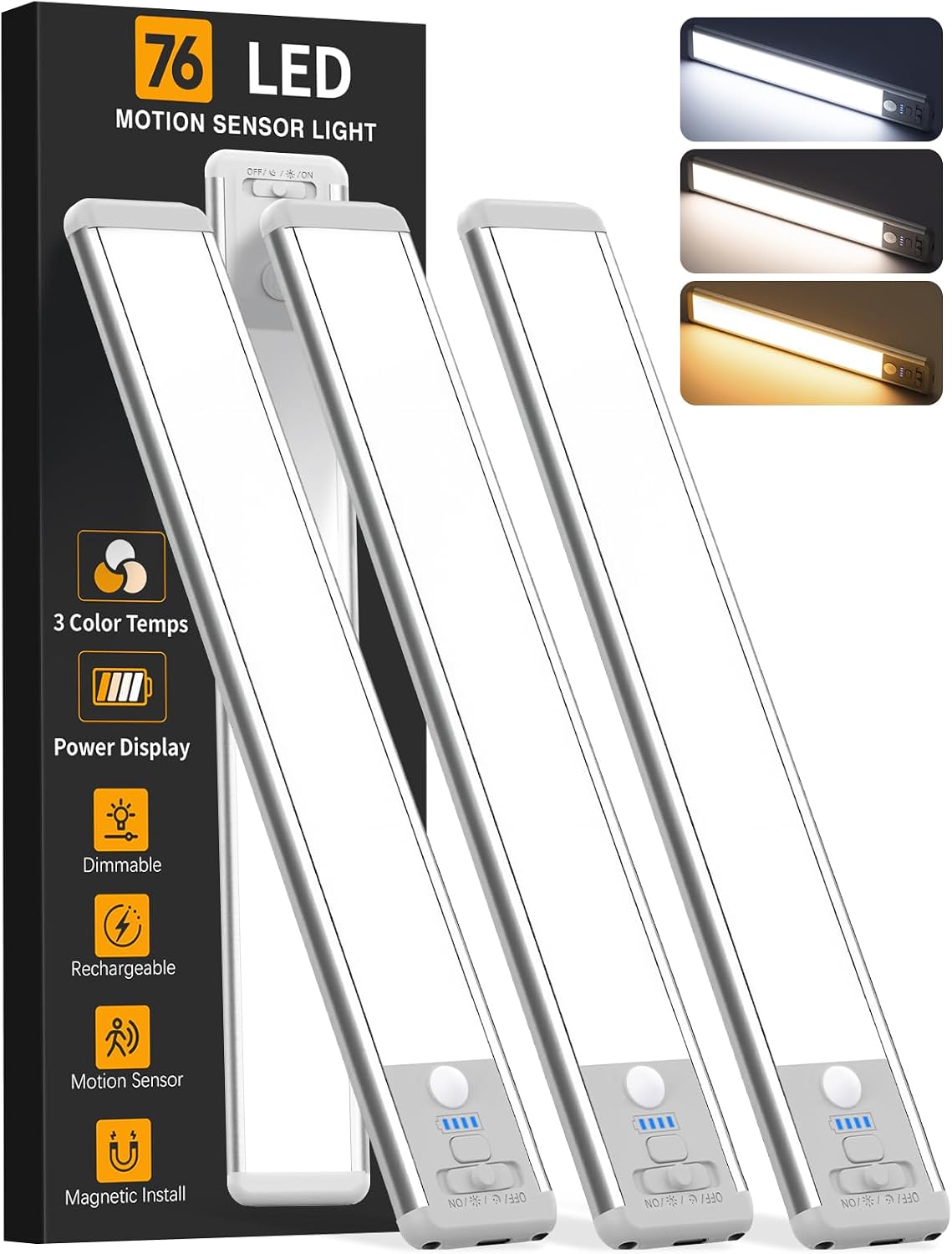 Under Cabinet Lighting Wireless, 10inch Motion Sensor Light Indoor, 3Pack