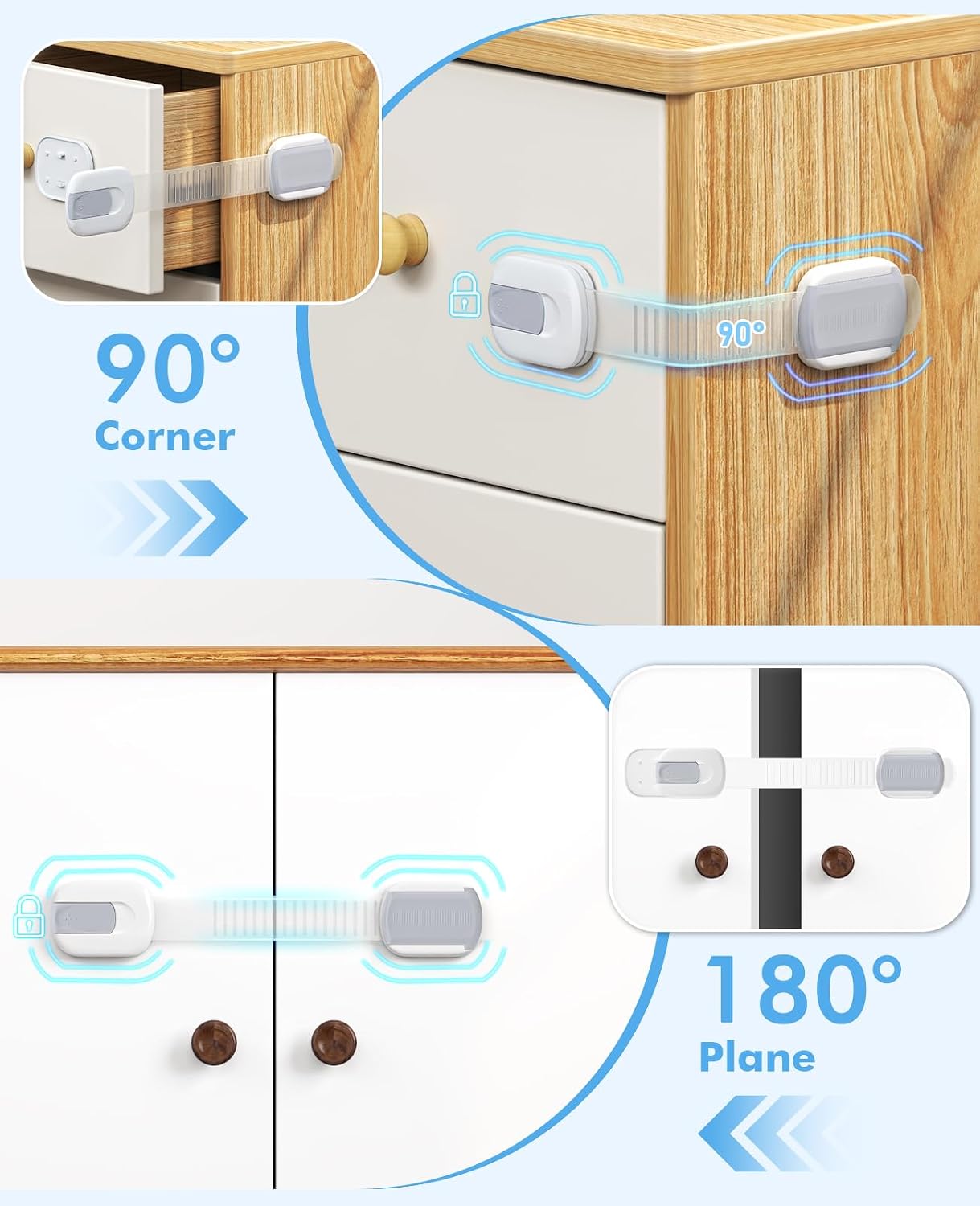 10 Pack Cabinet Locks Baby Proofing, Child Proof Cabinet Locks with 3M Adhesive - Easy Installation with Adjustable Straps, Multi-Purpose Child Safety Latches for Drawers Fridge Trash Cans White-Gray