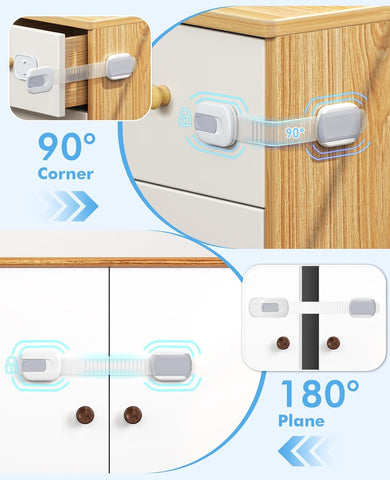 10 Pack Cabinet Locks Baby Proofing, Child Proof Cabinet Locks with 3M Adhesive - Easy Installation with Adjustable Straps, Multi-Purpose Child Safety Latches for Drawers Fridge Trash Cans White-Gray