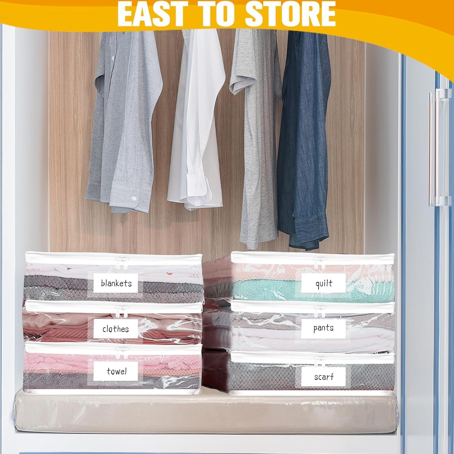 Plastic Storage Bags with Easy-Glide Zipper, Pack of 6, Durable Clear Vinyl Zippered Storage Bags for Clothes Sweaters Comforters Blankets Sheets Bedding (15 x 12 x 5 Inch, Transparent White)