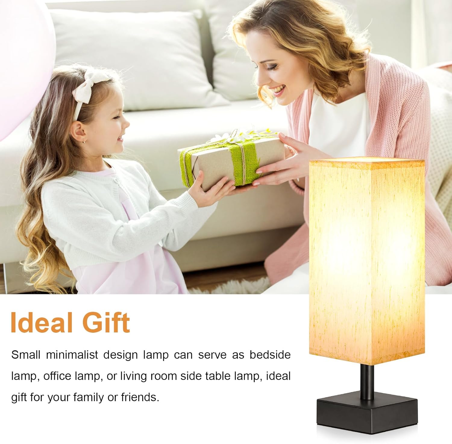 aooshine Small Bedside Table Lamp for Bedroom - Square Cream Fabric Shade