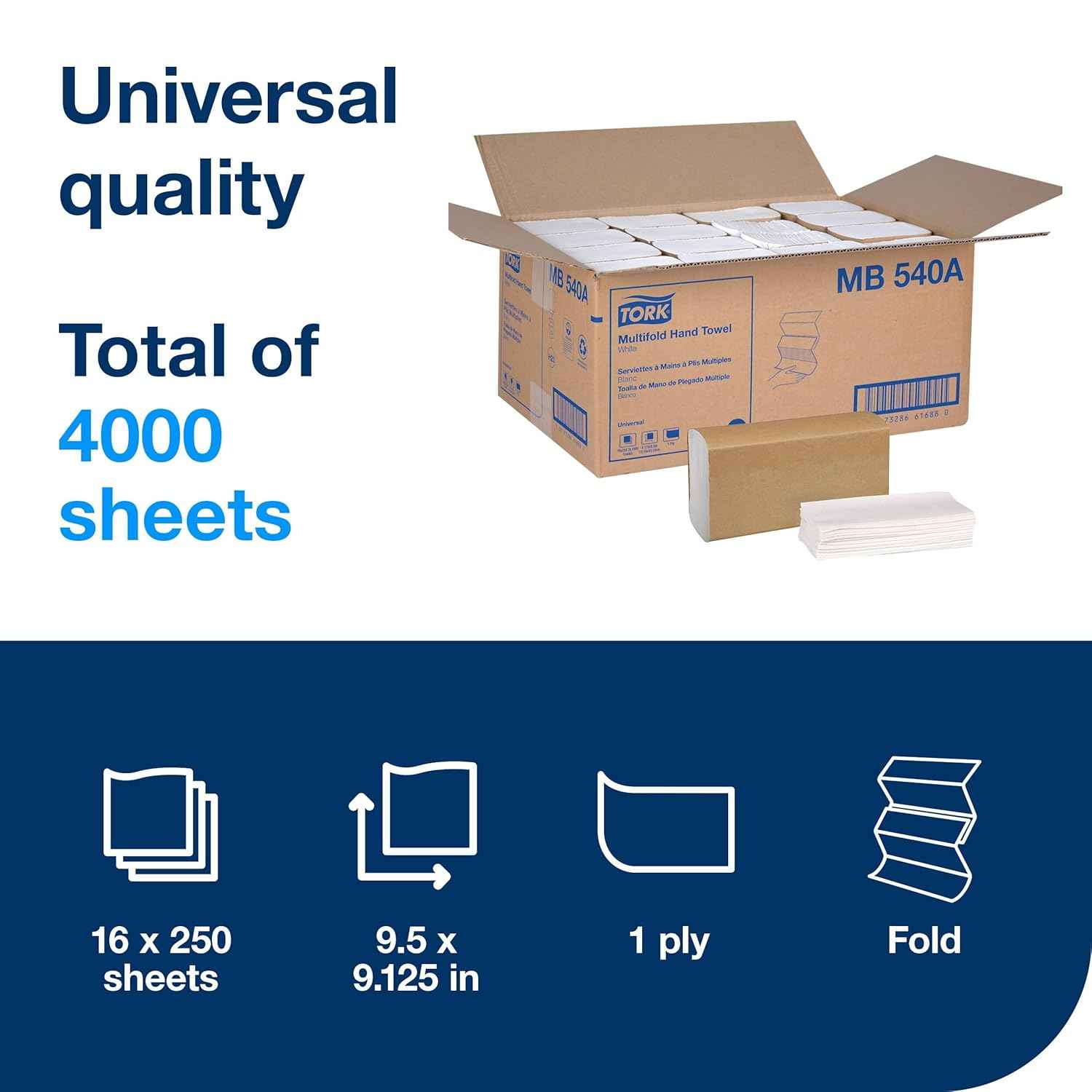 Tork Multifold Hand Towel White H2, 16 x 250 Towels, MB540A | Compatible with H2 Dispensers, 1-Ply, Universal, 100% Recycled Fibers