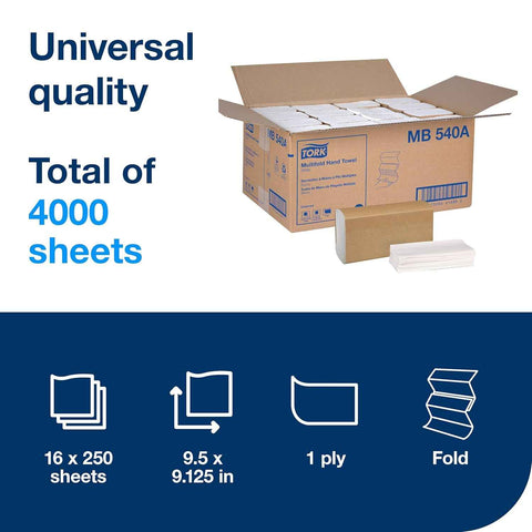 Tork Multifold Hand Towel White H2, 16 x 250 Towels, MB540A | Compatible with H2 Dispensers, 1-Ply, Universal, 100% Recycled Fibers