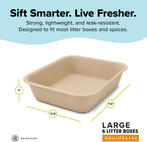 Kitty Sift Disposable Cat Litter Box Large, 6 Count, Durable Portable for Travel and Home, Eco-Friendly Disposable Litter Box Controls Odor