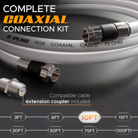 G-PLUG 10FT RG6 Coaxial Cable Extender 75 Ohm, F Connectors for TV Antenna