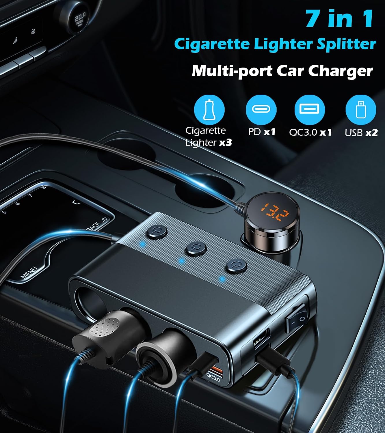 LIHAN 7-1 Cigarette Lighter Splitter, 3-Socket Adapter with PD 30W Type-C