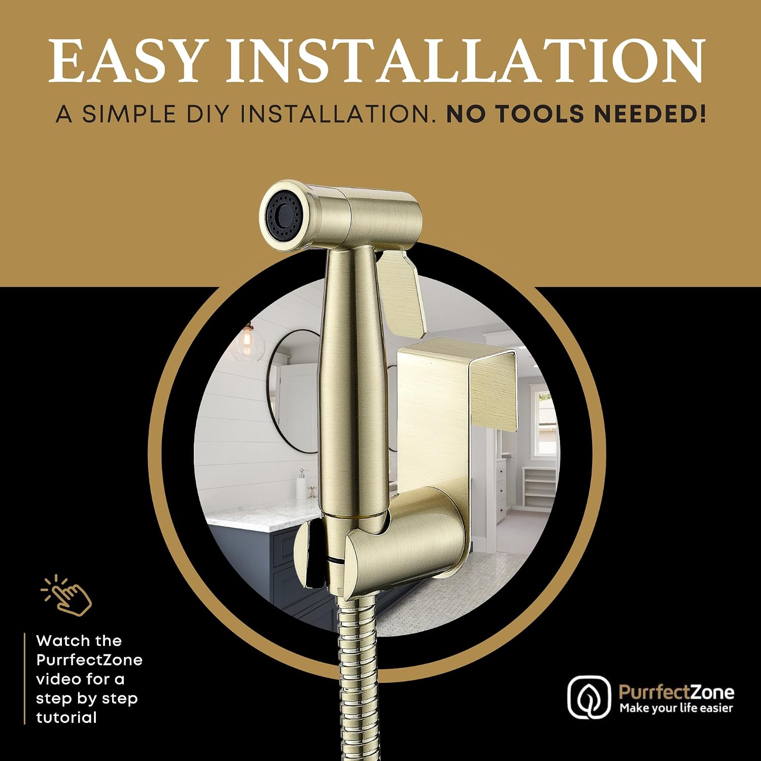Purrfectzone Bidet Sprayer for Toilet, Handheld Bidet Sprayer Kit, Easy-to-Install Toilet Handheld Shower, Hand Held Stainless Steel Shattaf with Adjustable Flow, Cloth Diaper Set-Brushed Gold