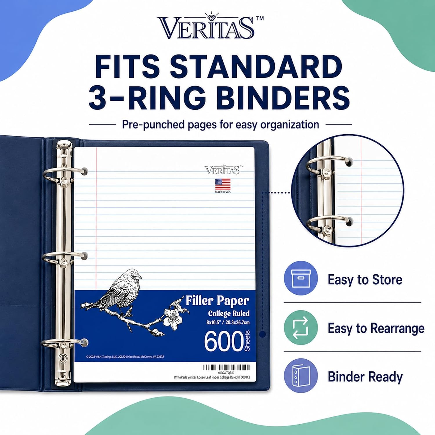 WritePads College Ruled Loose Leaf Paper, 600 Sheets Bulk Notebook Paper, 8"x10-1/2" 3 Hole Punched Filler Paper, Fits Standard 3-Ring Binder, 65lb Thick Paper, Made in USA