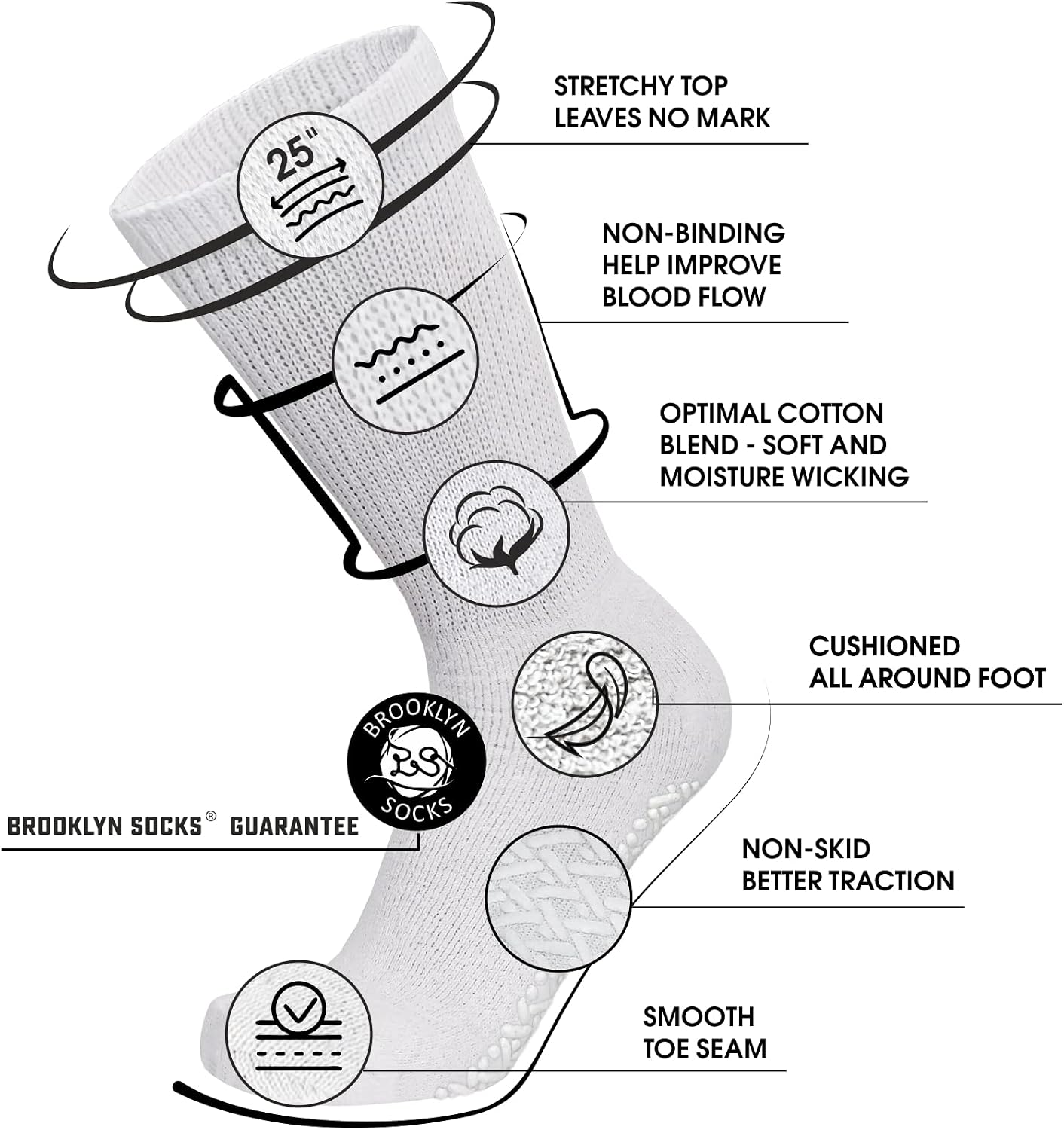 Brooklyn Socks Non-Skid Cotton Diabetic Neuropathy Crew Socks, Non-Binding Traction Control Multipack